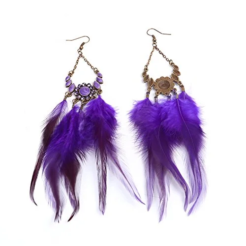 custom gold earrings for women -SEXY SPARKLES Dangling Genuine Natural long Hand Made Feathers Earrings for Women and Teen