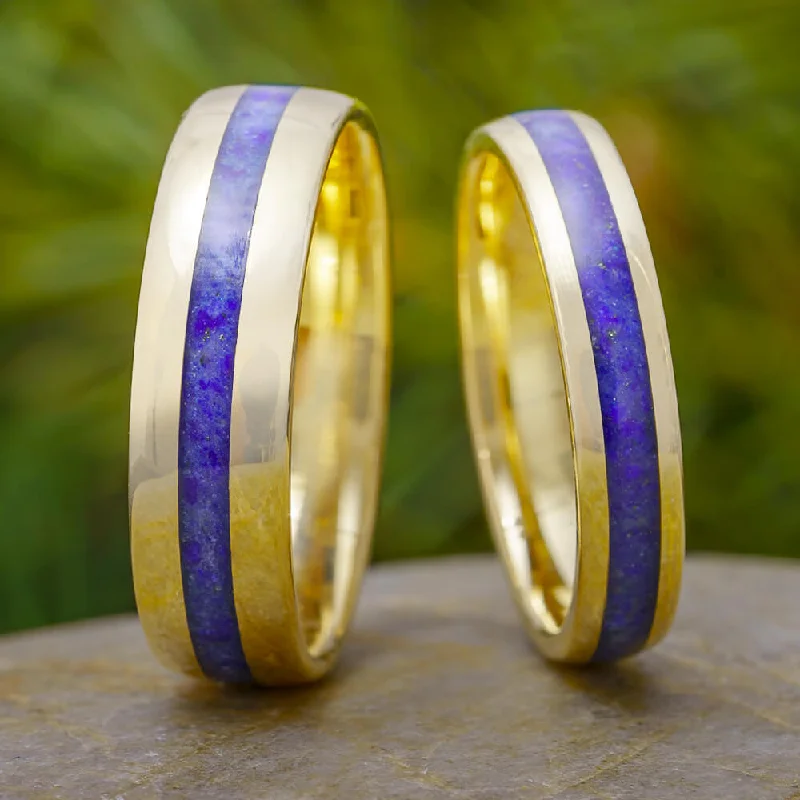 custom-designed engagement rings -Lapis Lazuli Wedding Band Set, 14k Yellow Gold Matching Rings