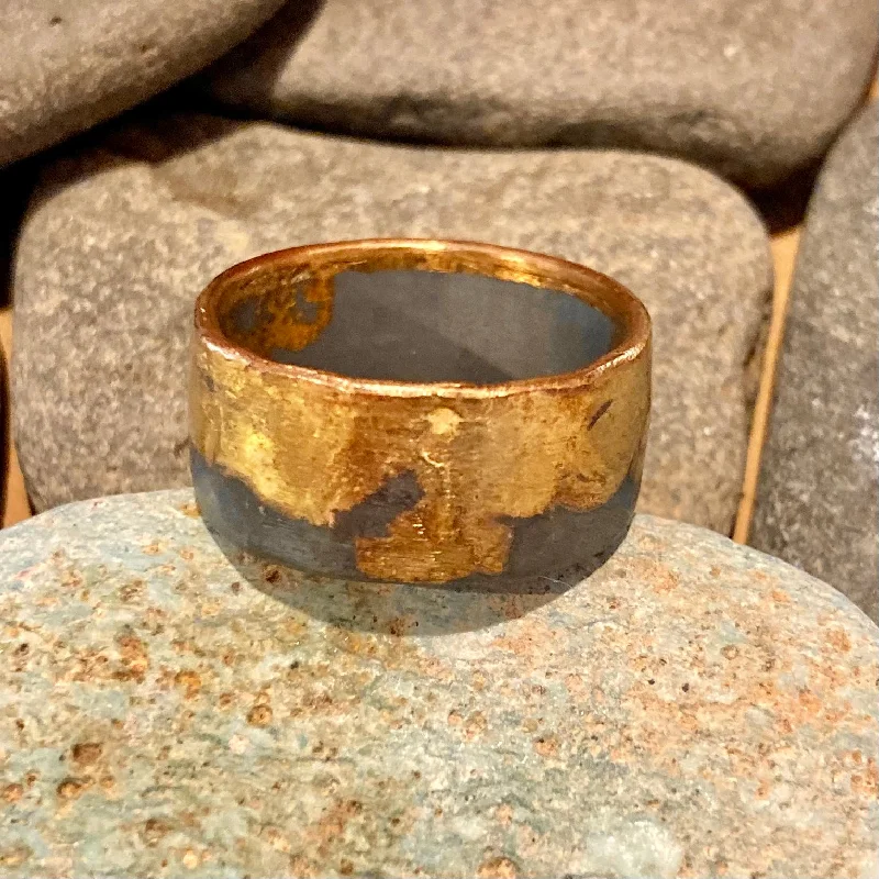 Amalgam Gold and Oxidized Sterling Silver Hammered Wide Band Ring