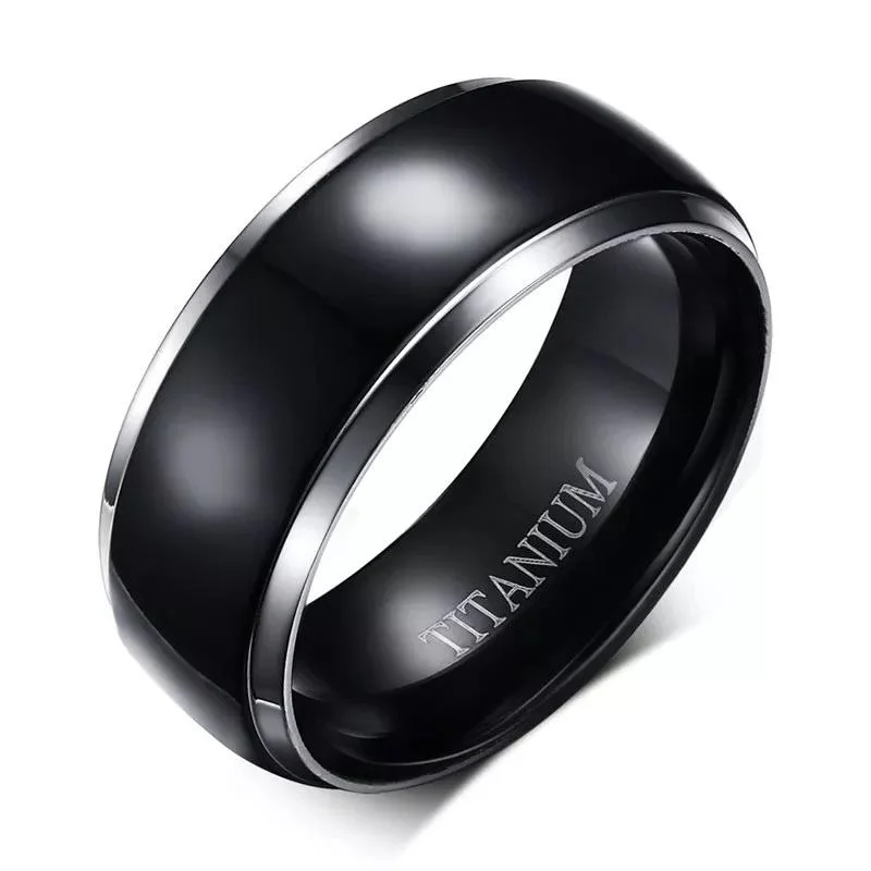 Solid Titanium Dome Band Ring Black IP Center