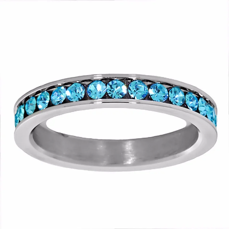 Rufina: 0.78ct Aquamarine Ice CZ 316 Steel 3mm Eternity Band Ring