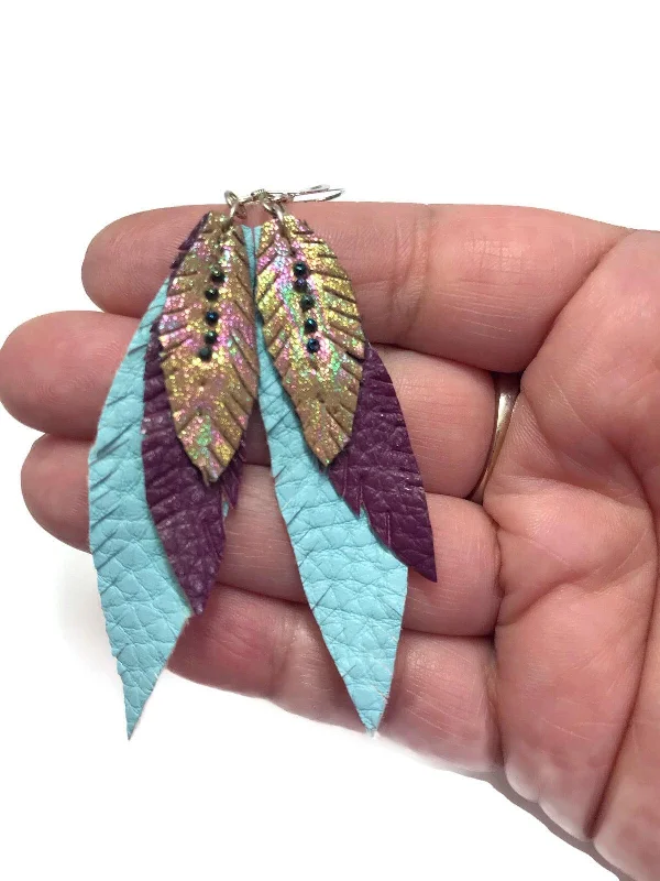 oversized earrings for women -Vegan Leather Feather Earrings, Blue and Gold Earrings