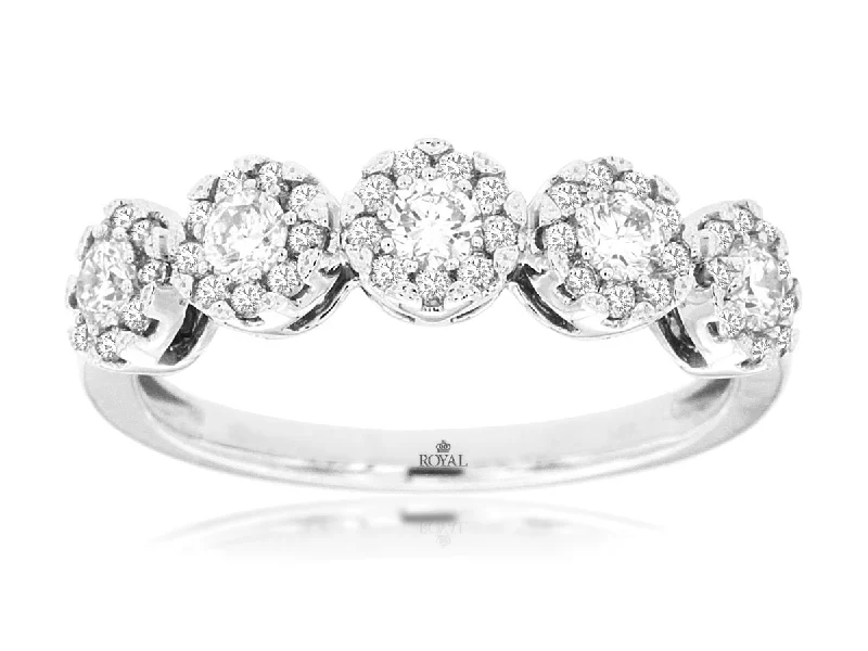 unique diamond engagement rings -Five Round Diamond Halo Wedding Band in 14k White Gold, 0.75cttw