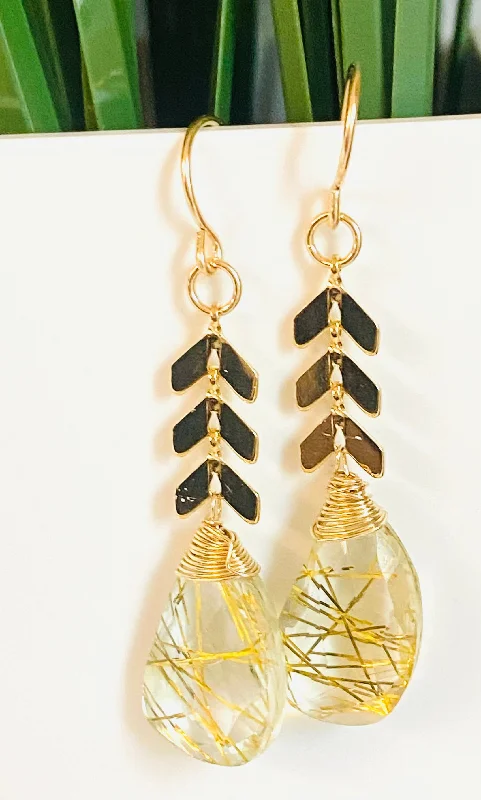 gold rings for women -Rutilated Quartz Chevron Earrings, chevron Earrings, Gemstone Earrings