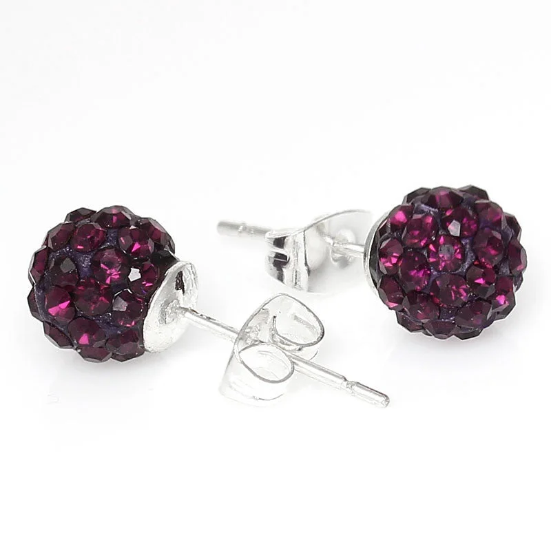 silver wedding rings for women -8mm Dark Purple Rhinestones Crystal Fireball Disco Ball Pave Bead Stud Earrings