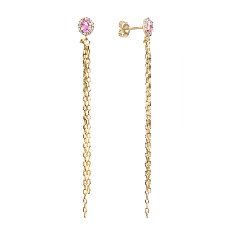 luxury earrings for women -Pink Sapphire Gemburst Diamond Chain Studs