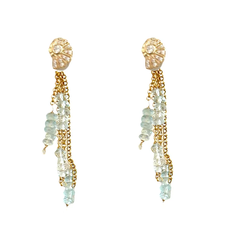 gold stud earrings for weddings -Aquamarine Dream Seashell Chain Studs