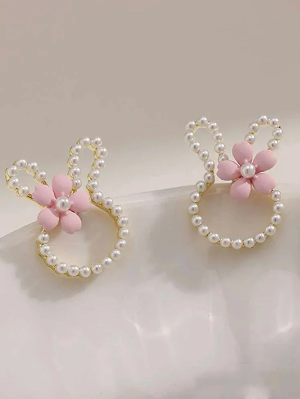 small hoop earrings for women -Easter Bunny Earrings with Pearls and a Pink Dainty Flower