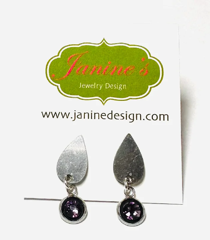 geometric drop earrings for women -Steel Teardrop Purple Crystal Earrings