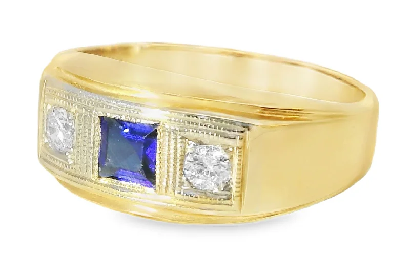 Antique 14K Two-Tone Gold Sapphire Diamond 3-Stone Unisex Band Ring