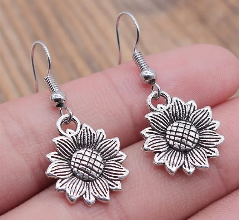 solitaire engagement rings for women -Small Silver Sunflower Dangle Earrings