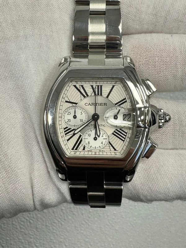 Cartier Roadster Chronograph Stainless Steel 38mm X 43mm Silver Chronograph Roman Dial Watch  Reference #: W62019X6