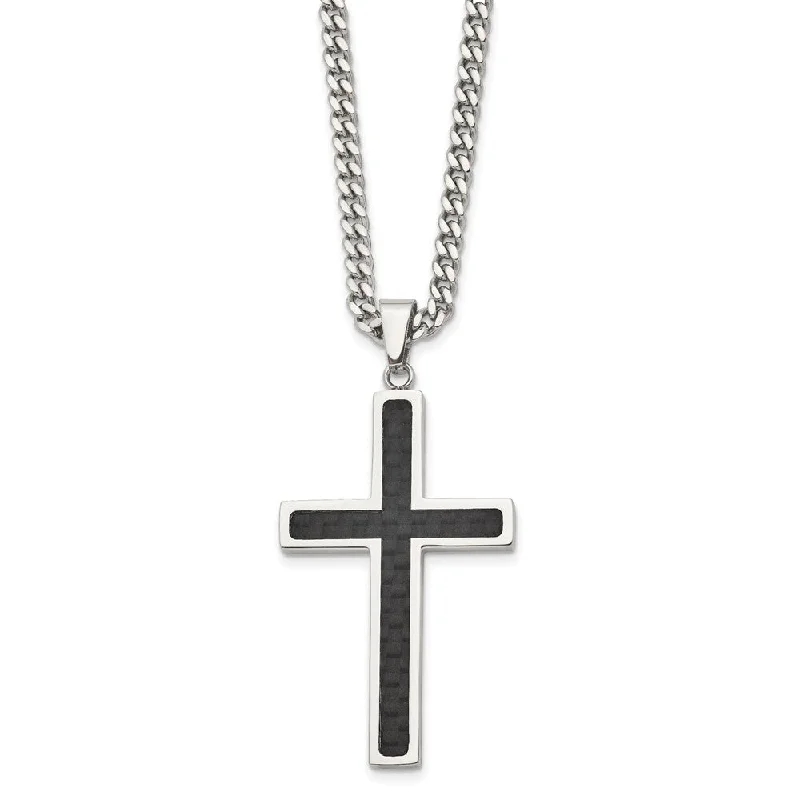 long chain necklaces for women -Men's Stainless Steel & Blk Carbon Fiber Large Cross Necklace, 24 Inch