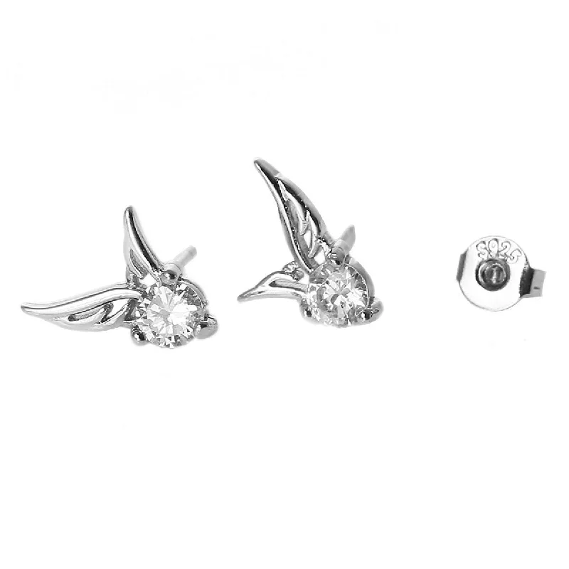 birthstone rings for women -Ear Stud Earrings Angel Wing with Clear Rhinestone