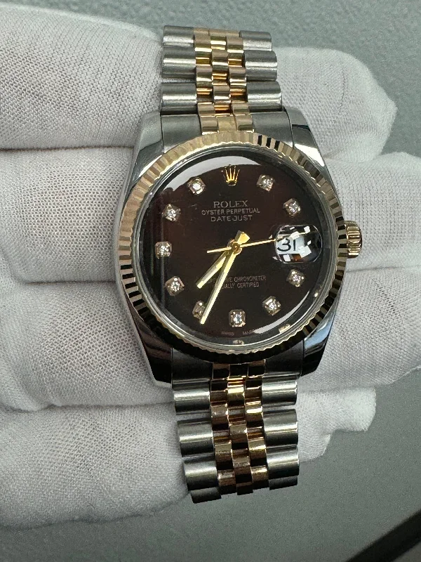 Rolex Datejust Two Tone Stainless Steel & Rose Gold 36mm Dark Brown Diamond Dot Dial Watch Reference #: 116231