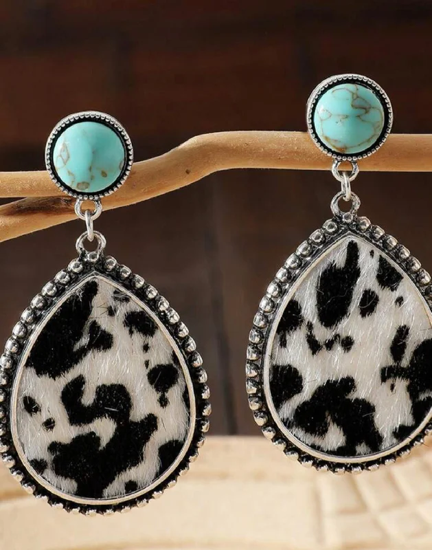 sterling silver gemstone rings -Beautiful Cow Print Waterdrop Earrings with Turquoise Stone Accent