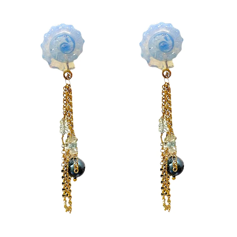 diamond hoop earrings for women -AQUAMARINE DREAM BLUE OPAL SEASHELL PEARL CHAIN STUDS