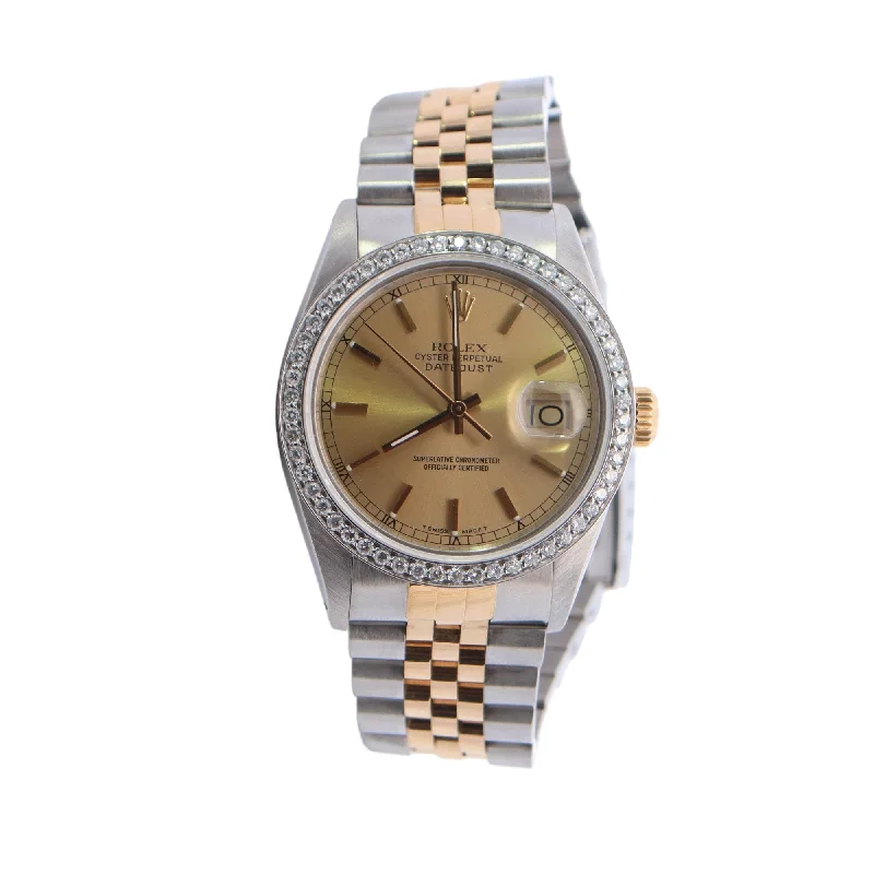 Rolex Datejust Two Tone Steel & Yellow Gold Champagne Stick Dial Watch Reference #: 16013