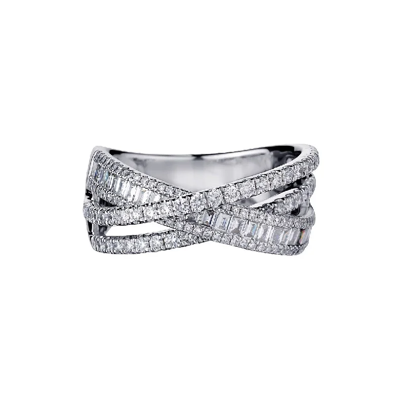 white gold engagement rings for women -CRISS CROSS BAGUETTE & ROUND DIAMOND BAND