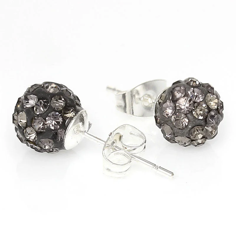 sterling silver gemstone rings -8mm Grey Rhinestones Crystal Fireball Disco Ball Pave Bead Stud Earrings