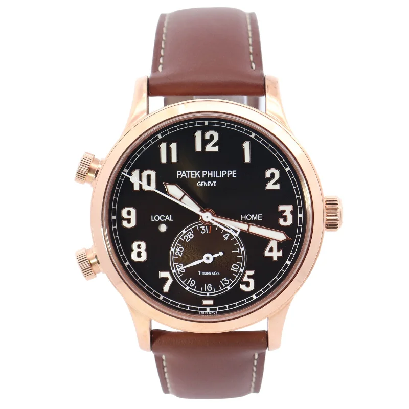 Patek Philippe Calatrava Travel Time Tiffany & Co Stamped Rose Gold 42mm Chocolate Arabic Dial Watch Reference# 5524R-001