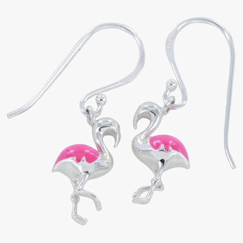 stud earrings for women -Sterling Silver and Pink Enamel Flamingo Drop Earrings