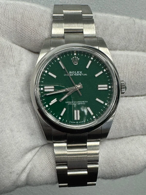 Rolex Oyster Perpetual Stainless Steel 41mm Green Stick Dial Watch Reference #: 124300