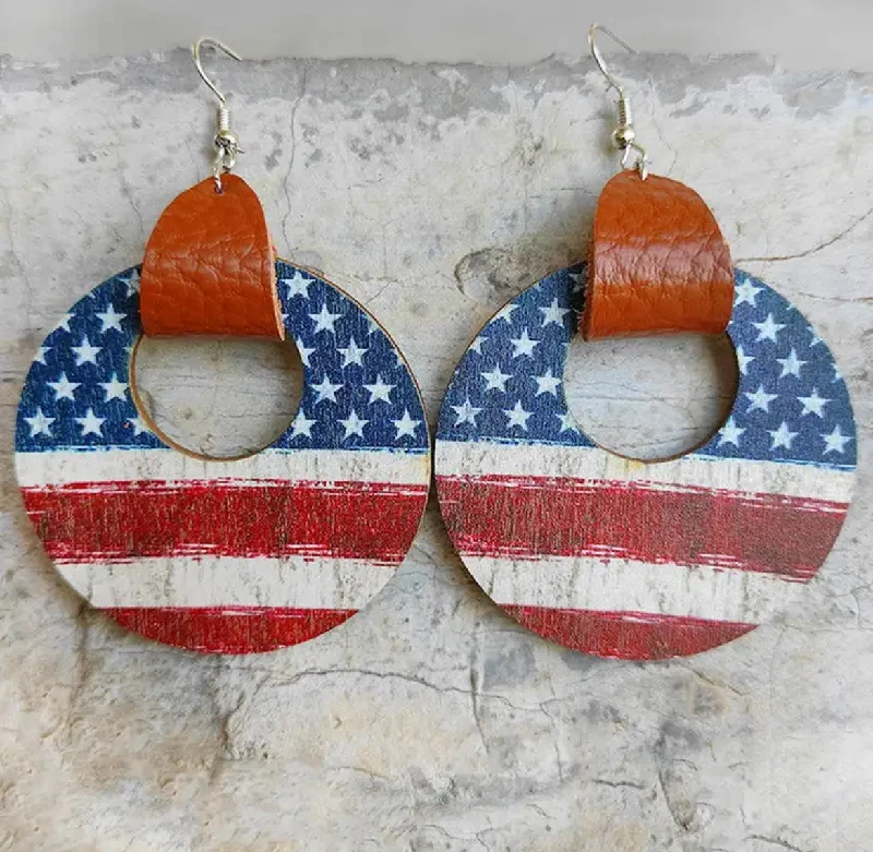 retro rings for women -Leather Wrapped Round Wooden American Flag Earrings