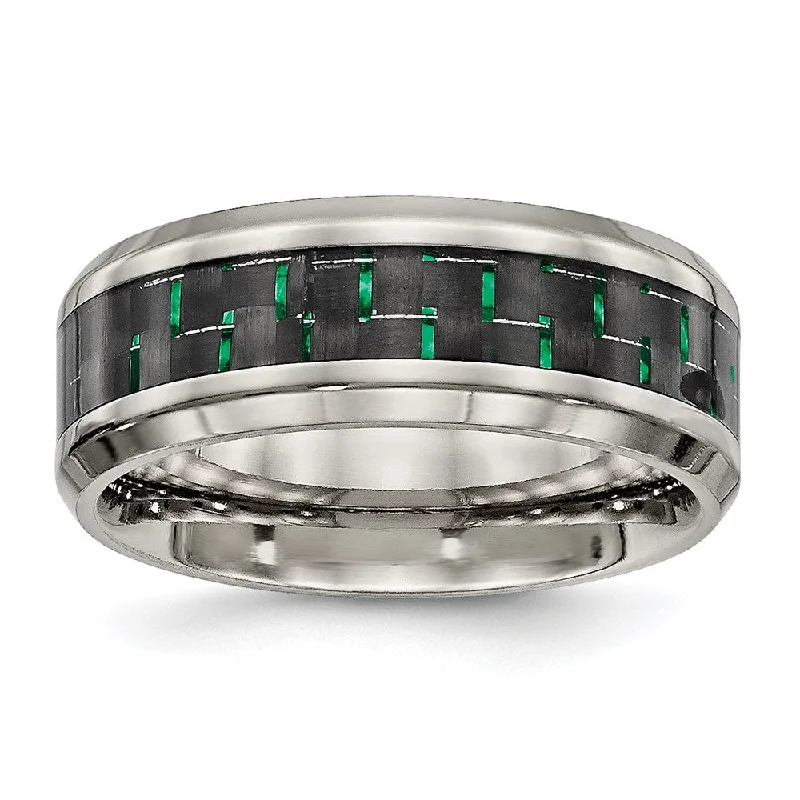 bohemian necklaces for women -Men's 8mm Titanium Black/Green Carbon Fiber Beveled Comfort Fit Band