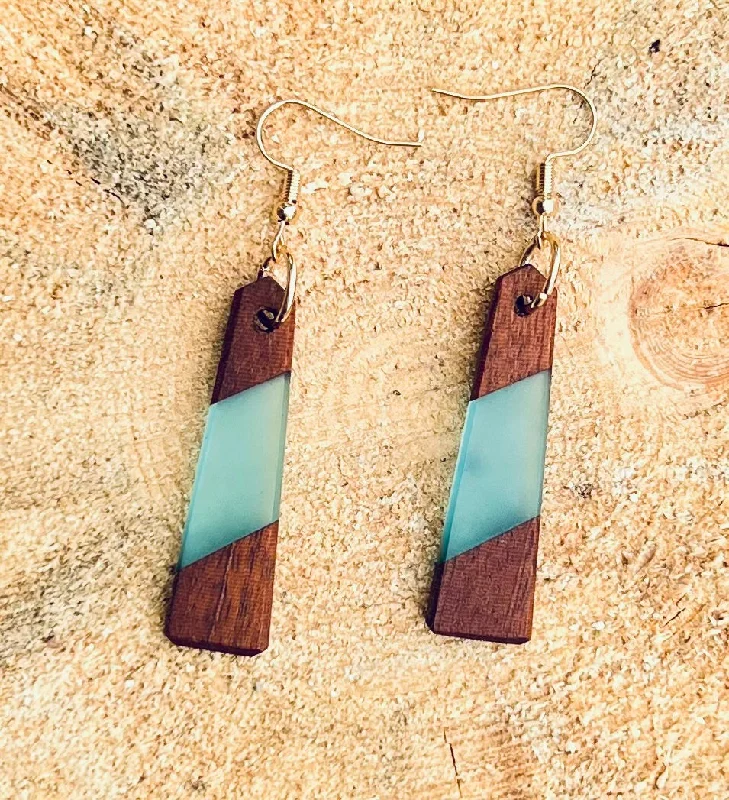 sparkling earrings for women -Wood and Blue Resin Earrings