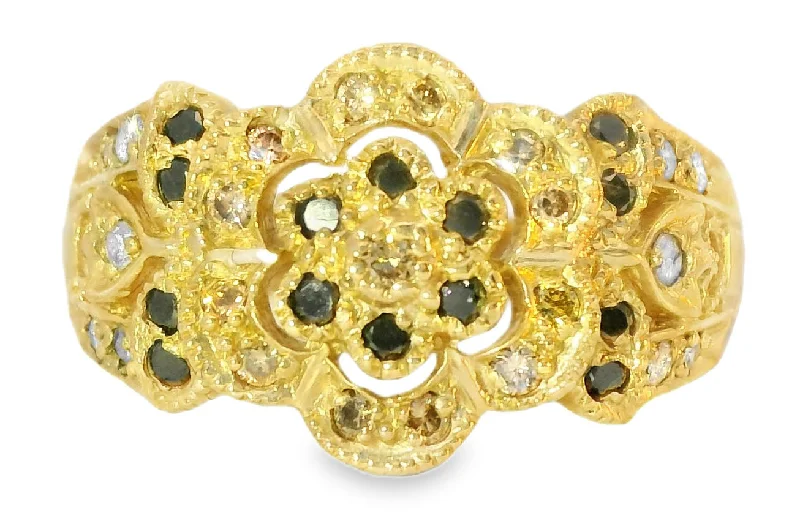 Beautiful Estate 14K Yellow Gold Filigree Black Brown Diamond Floral Band Ring