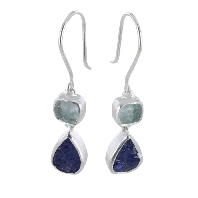 gemstone drop earrings for women -Duo Rough Stone Drop Earrings in Sterling Silver