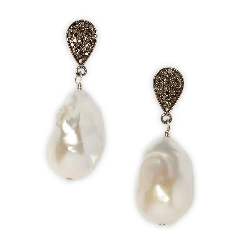 oval-shaped rings for women -Diamond Teardrop and Baroque Pearl Earrings