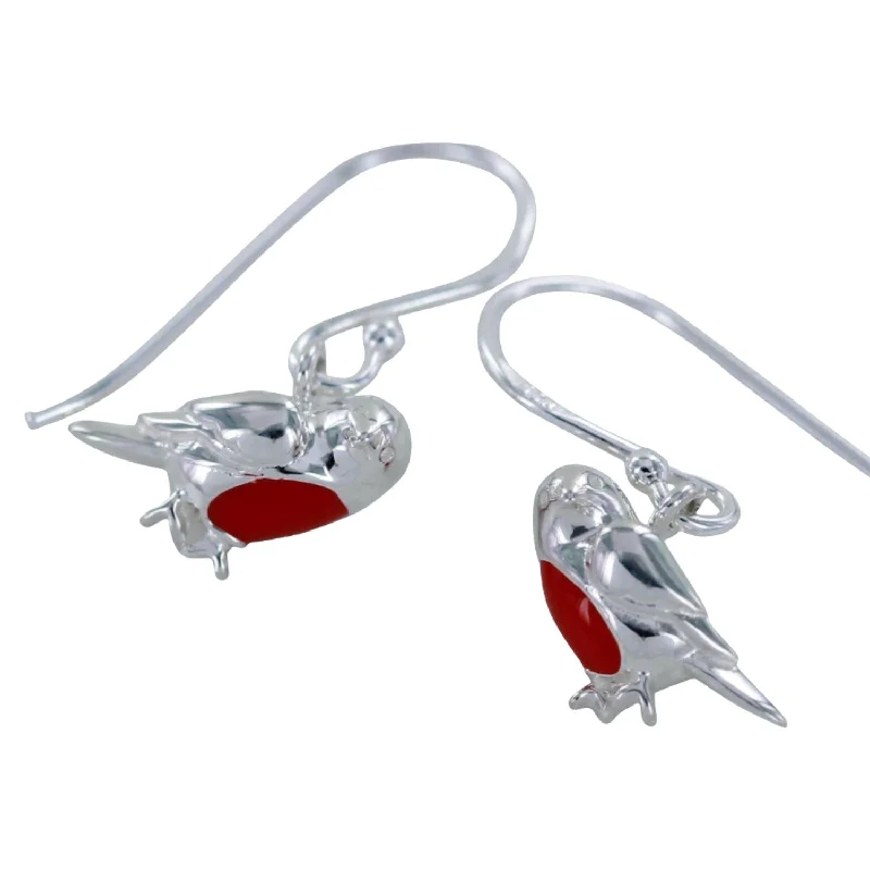 bridal earrings for women -Sterling Silver Robin Drop Earrings with Enamel Detail