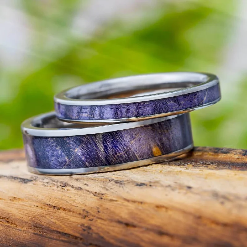 platinum engagement rings for women -Matching Wedding Band Set with Purple Box Elder Burl Wood