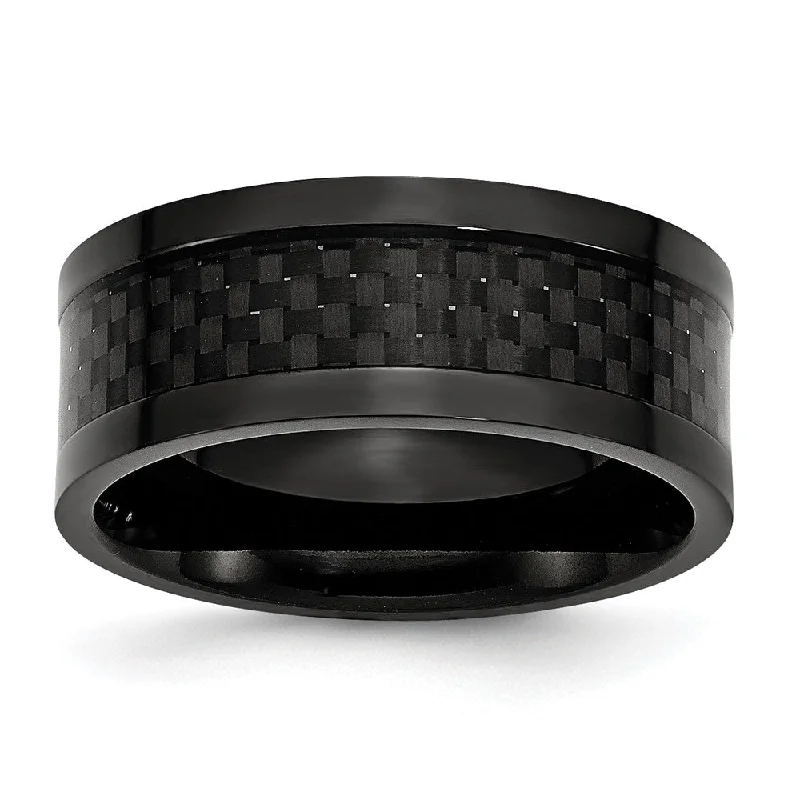 simple necklaces for women -Men's 9mm Black Plated Titanium & Carbon Fiber Flat Comfort Fit Band