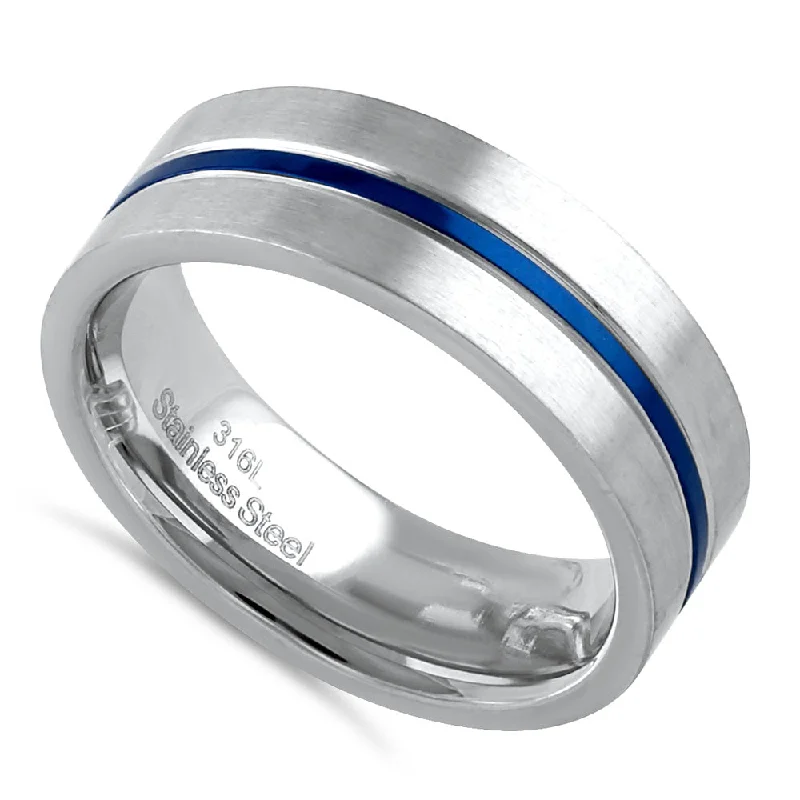 Stainless Steel 6.5mm Satin Finish Blue Striped Band Ring