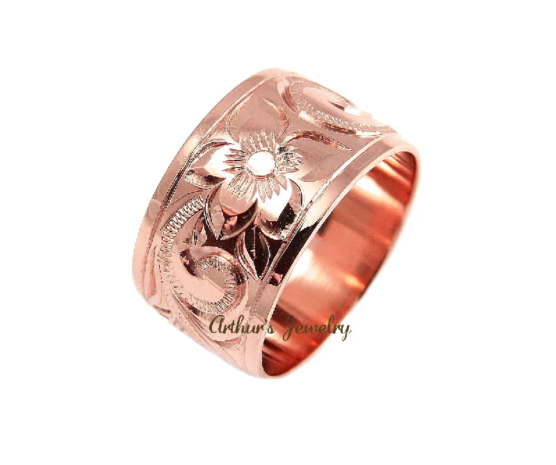 14K ROSE GOLD HAND ENGRAVE HAWAIIAN PLUMERIA SCROLL BAND RING SMOOTH EDGE 12MM