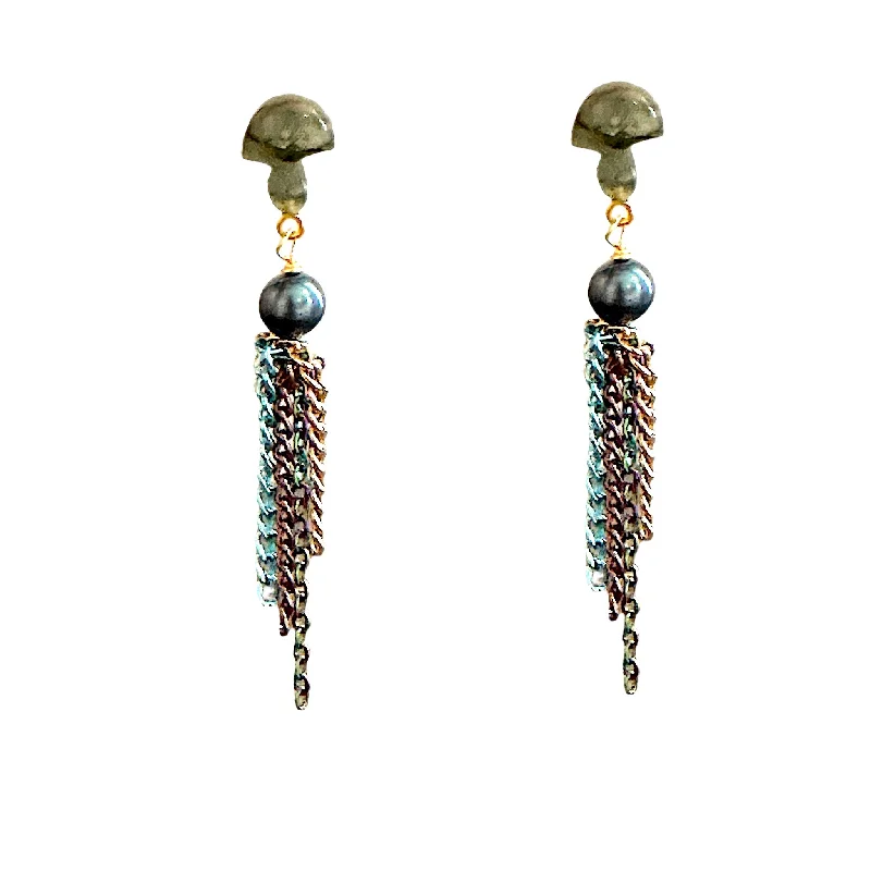 multi-layered earrings for women -TRIPPIN MERMAID LABRADORITE MUSHROOM CHAIN STUDS