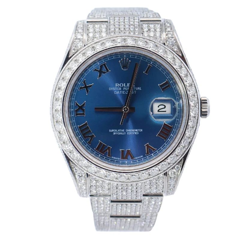 Rolex Datejust Stainless Steel 41mm Custom Iced Out Blue Roman Dial Watch Reference# 116334