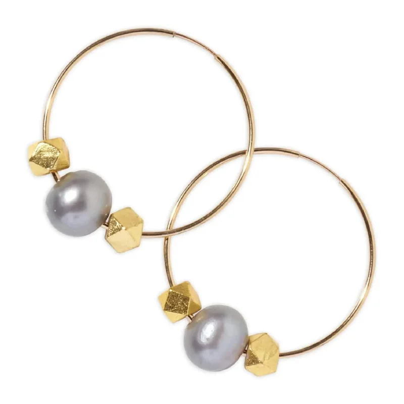 fashion wedding rings for women -Gold Nugget Hoops w/ Gray Freshwater Pearls