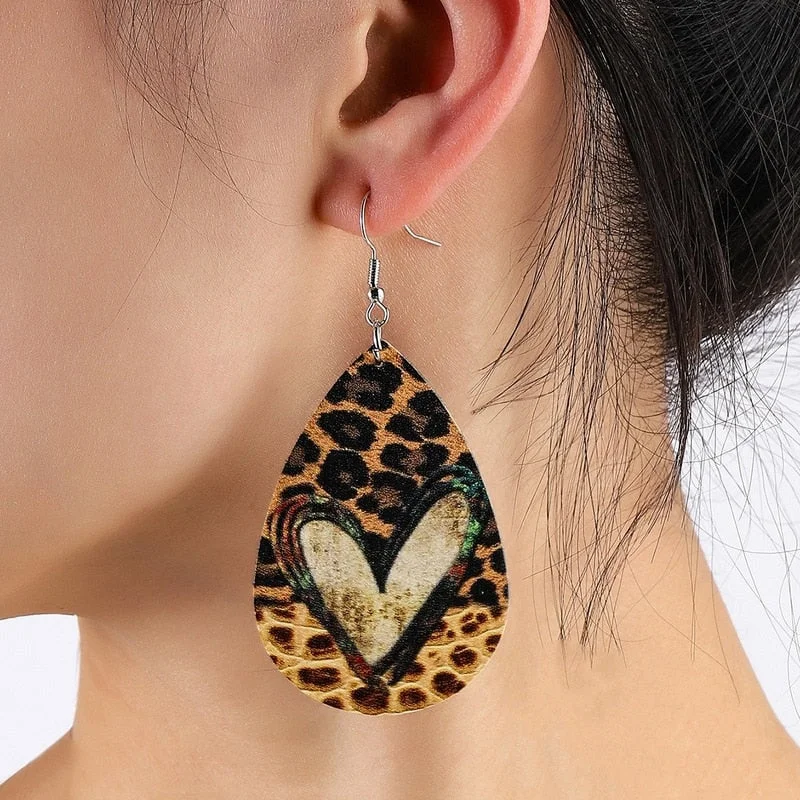 round-cut rings for women -Leather Leopard Print Heart Earrings