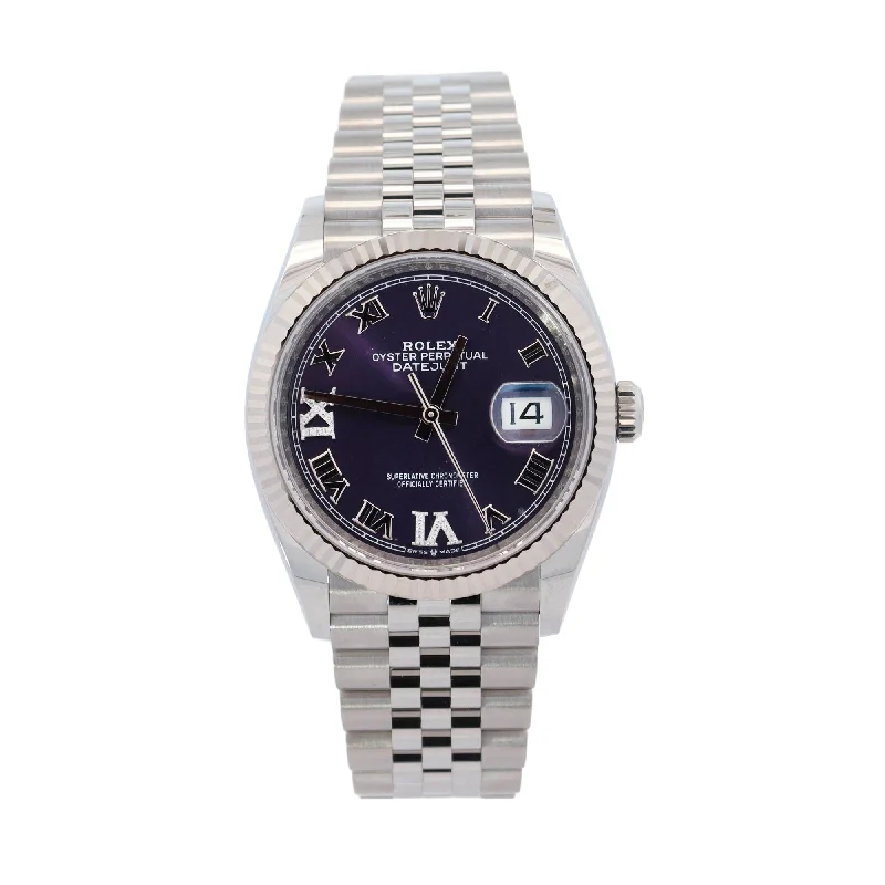 Rolex Datejust Stainless Steel 36mm Purple Roman Diamonds On 6&9 Dial Watch Reference #: 126234