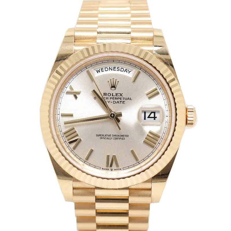 Rolex Day-Date Yellow Gold 40mm Silver Roman Dial Watch Reference# 228238