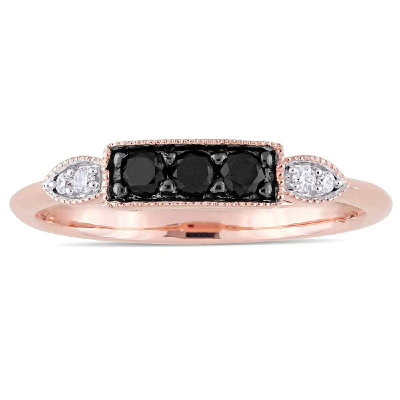 Miadora 10k Rose Gold 1/4ct TDW Black and White Diamond 3-Stone Anniversary Band Ring