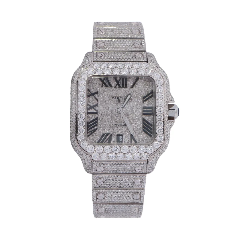 Cartier Santos Stainless Steel 39mm Fully Iced Out Custom Diamond Pave Roman Dial Watch  Reference #: WSSA0030