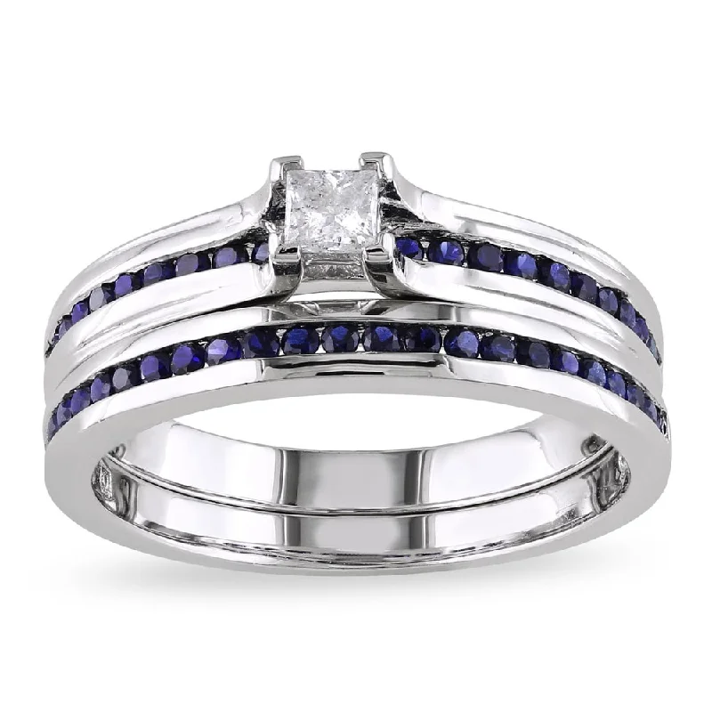 classic engagement rings for women -Miadora Sterling Silver 1/6ct TDW Princess-cut Diamond and Sapphire Engagement Wedding Band Ring Set