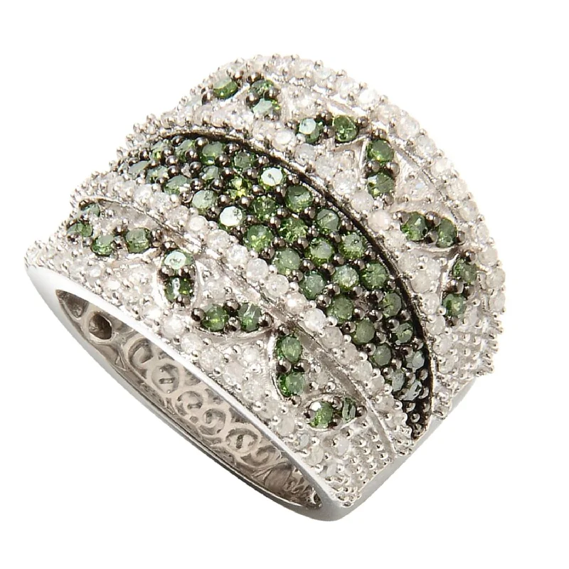 Sterling Silver with Genuine Green and White Diamond Wide Band Ring