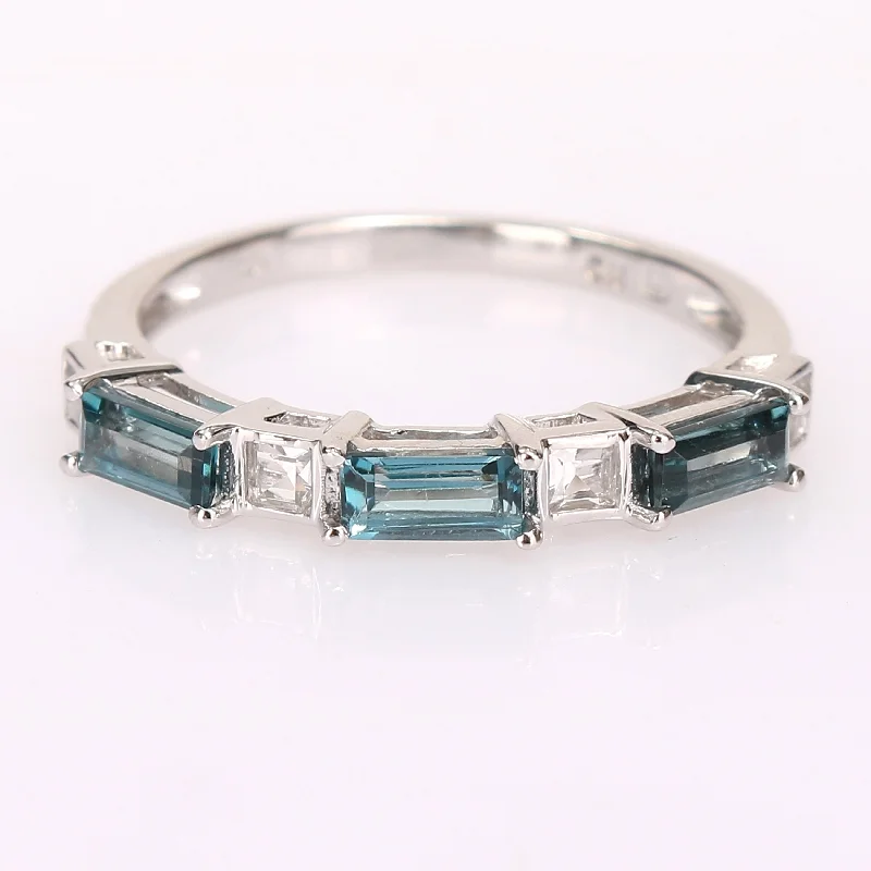 modern engagement rings for women -Baguette London-Blue Topaz & White Topaz Stackable Eternity Wedding Band Ring in 10k White Gold by Miadora