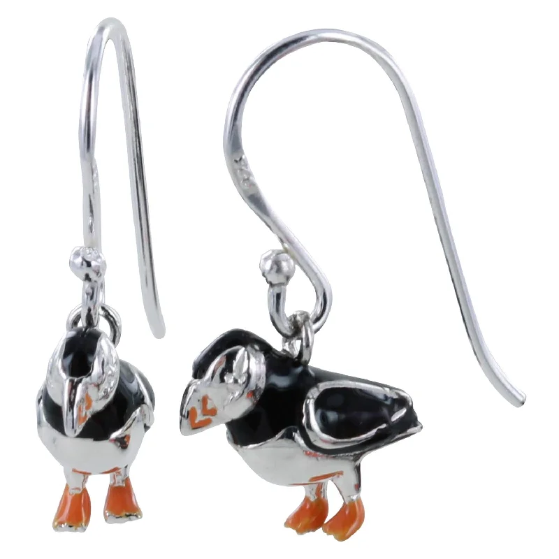 classic wedding rings for women -Sterling Silver and Enamel Puffin Drop Earrings